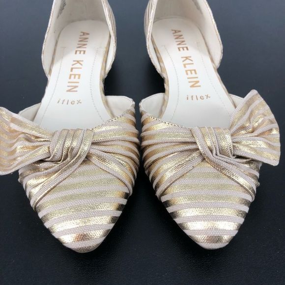 Anne Klein Bette Gold Cream Stripe Twist Bow Flats size 6.5 - Picture 8 of 10